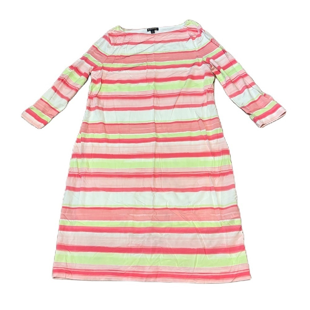 Brooks Brothers Pink Green Striped Midi Dress Large Midi Long Sleeve